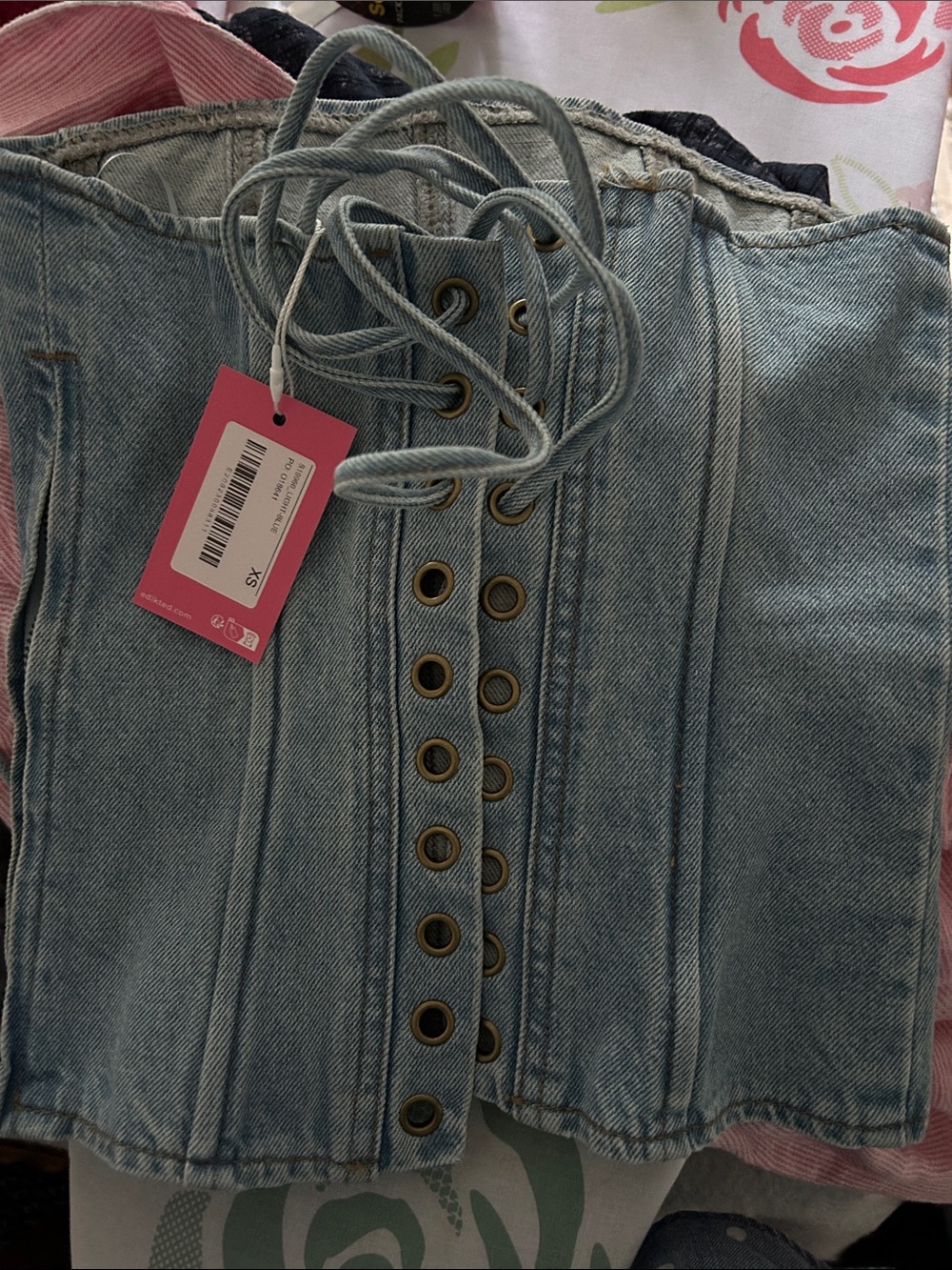 Edikted Light Blue Lace-Up Denim Corset Crop Top